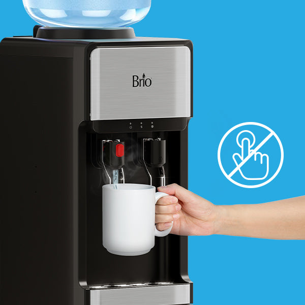 A hand holds a white mug under the hot water dispenser of a Brio water cooler. A blue background displays an icon of a hand with a line through it, indicating no-touch functionality.